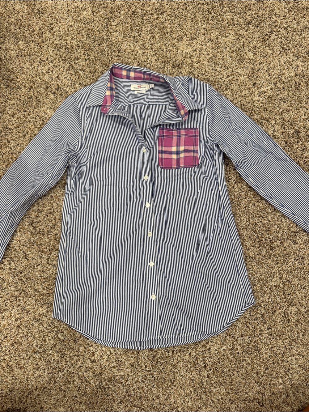 Vineyard Vines Blue Striped Button-Down with Pink Plaid Pocket